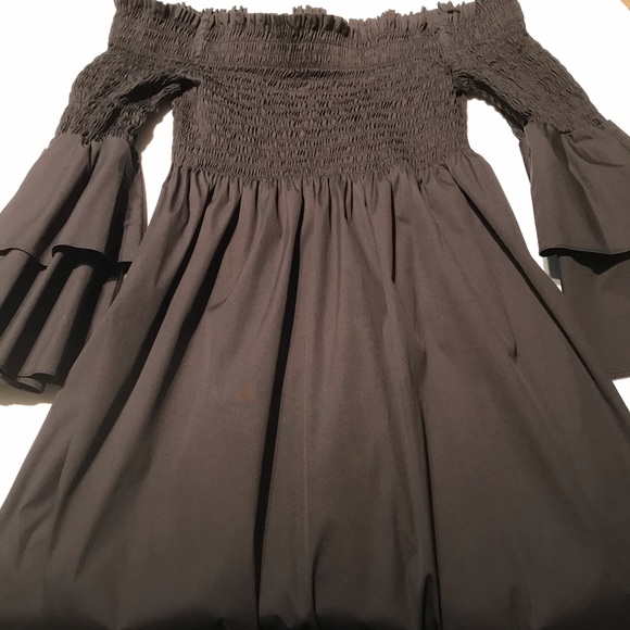 Caroline Constas Layered Bell Sleeve Smocked Off Shoulder Mini Dress in BLACK - Picture 3 of 9